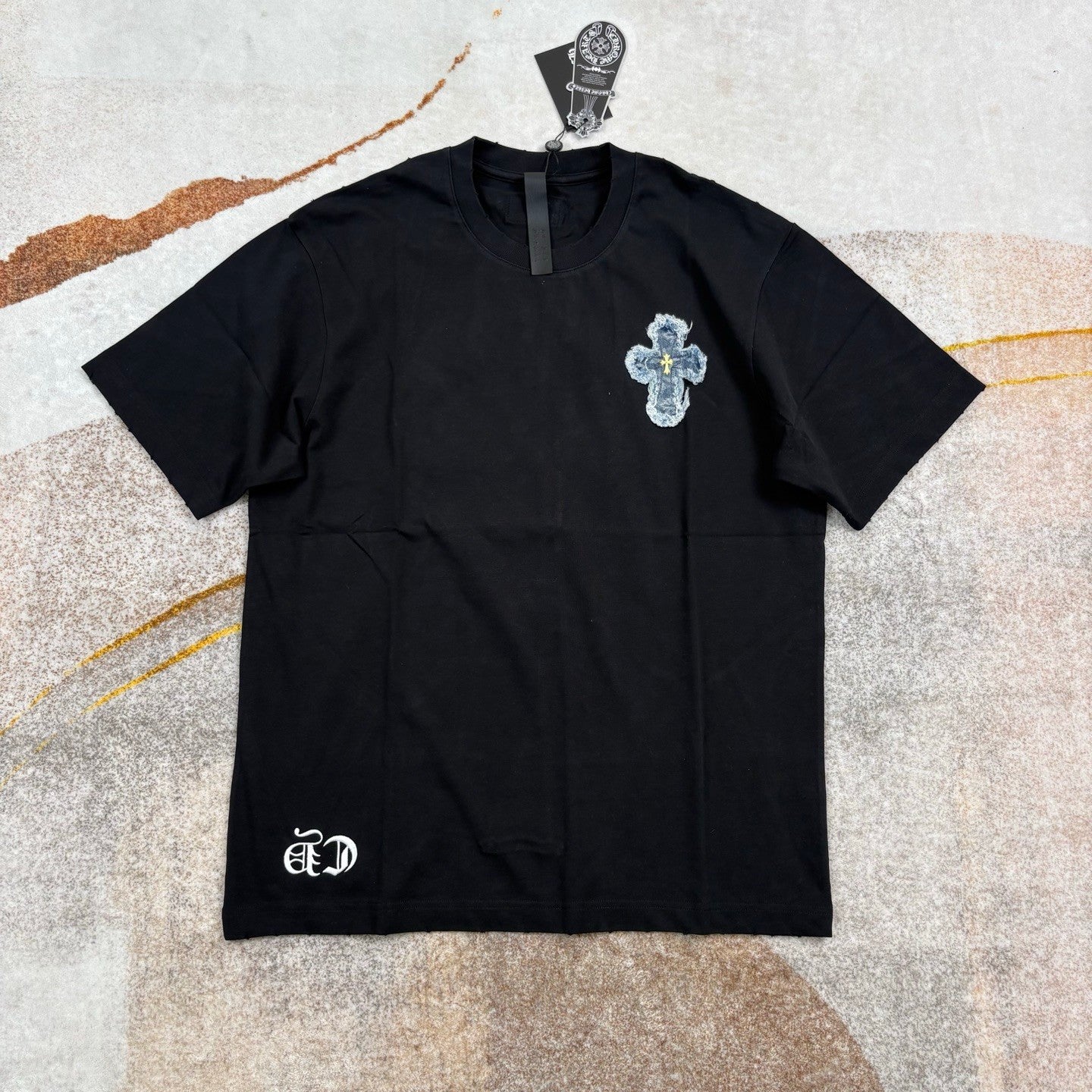 Chrome Hearts Men's And Women's Summer Solid Color Embroidered Denim Printed Cotton Crew Neck Short Sleeve T-shirt #77395