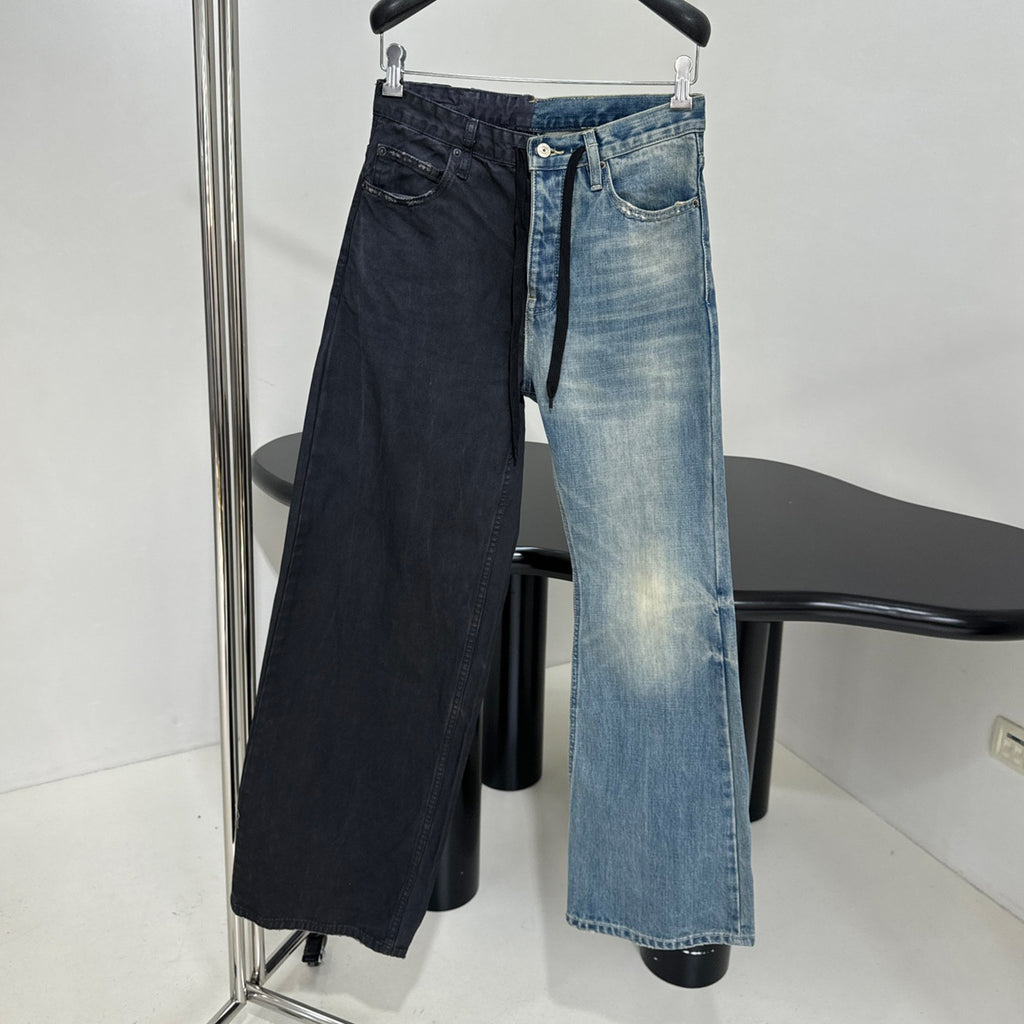 Balenciaga Men's Women's Colorblocking Denim Patchwork Old Damage Casual Loose Straight Leg Lace-Up Pants Ngvp #1818