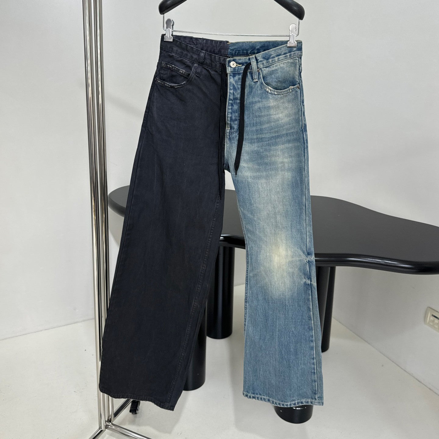 Balenciaga Men's Women's Colorblocking Denim Patchwork Old Damage Casual Loose Straight Leg Lace-Up Pants Ngvp #1818