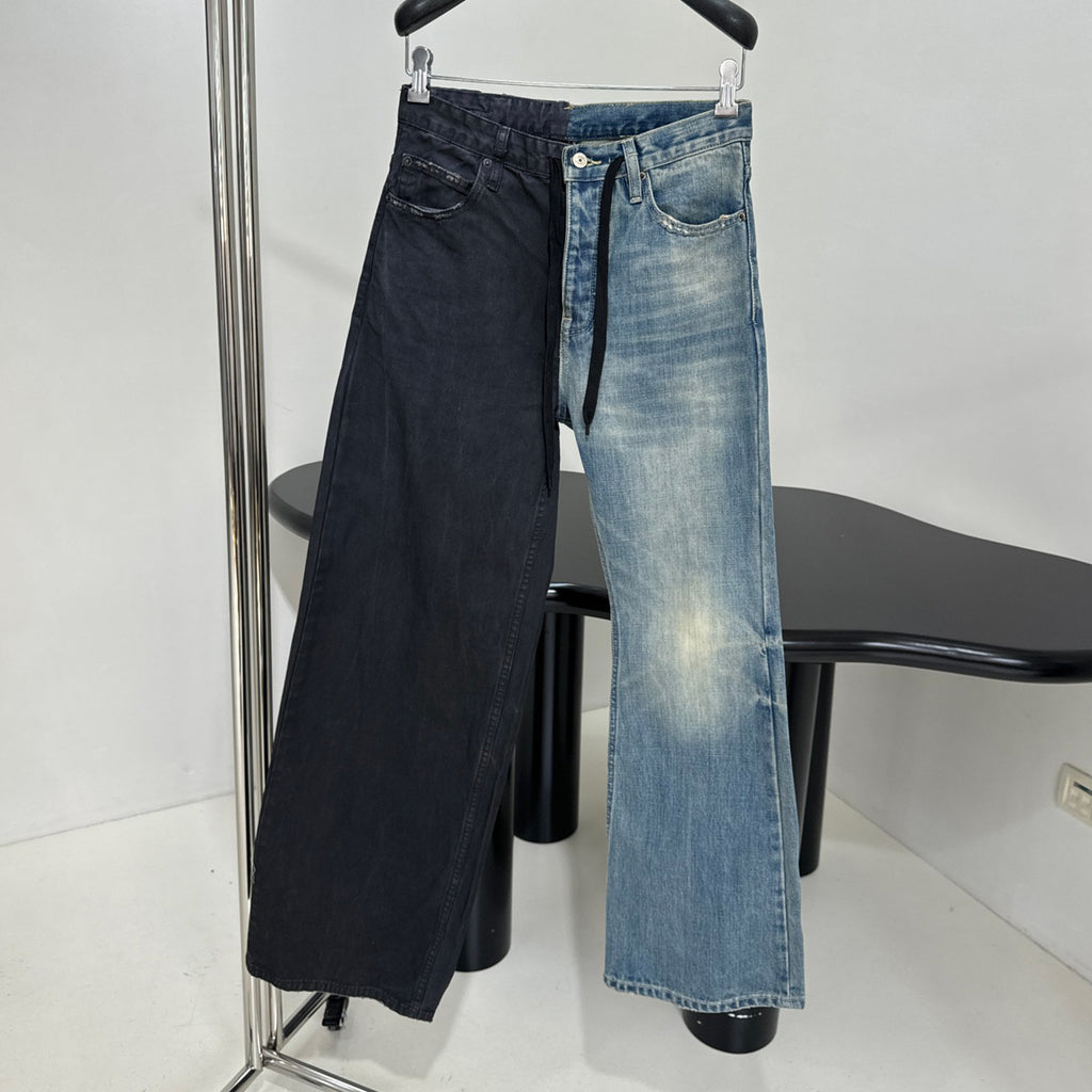 Balenciaga Men's Women's Colorblocking Denim Patchwork Old Damage Casual Loose Straight Leg Lace-Up Pants Ngvp #1818