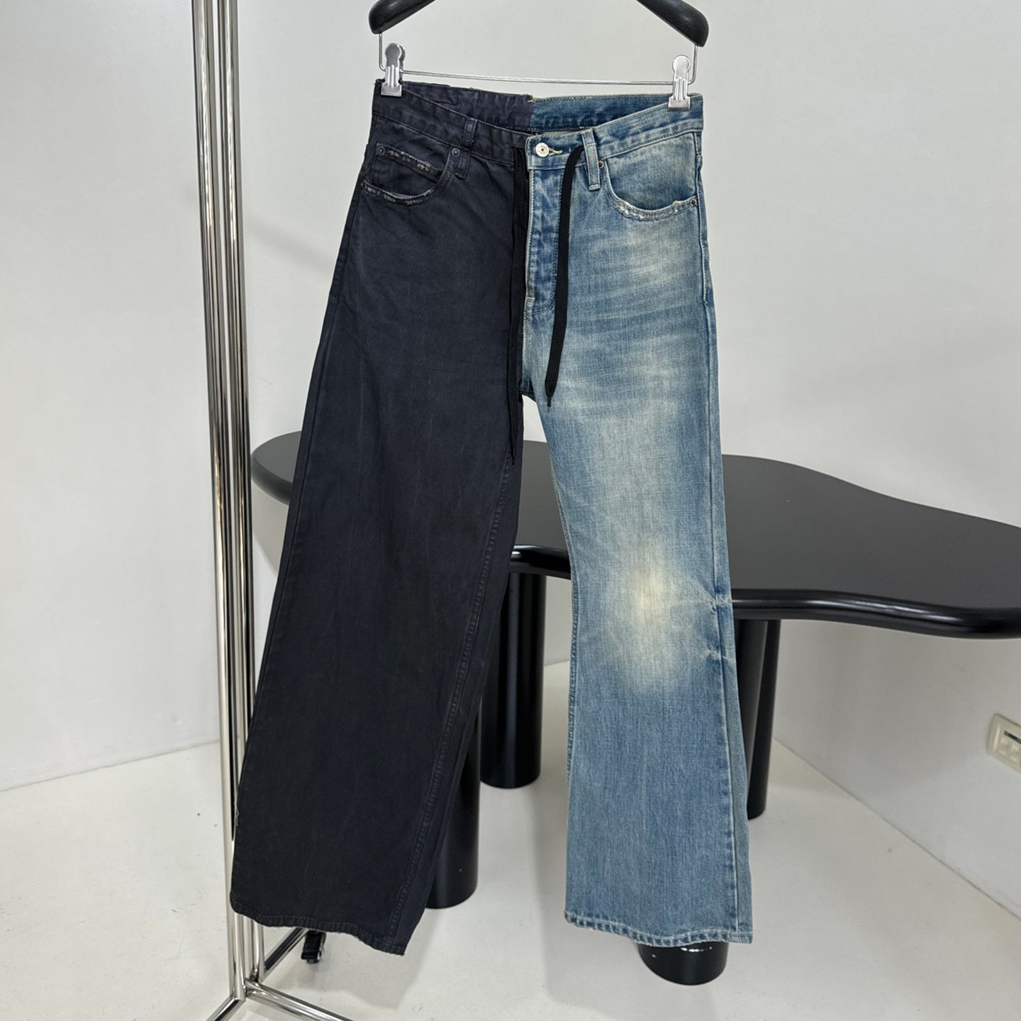 Balenciaga Men's Women's Colorblocking Denim Patchwork Old Damage Casual Loose Straight Leg Lace-Up Pants Ngvp #1818