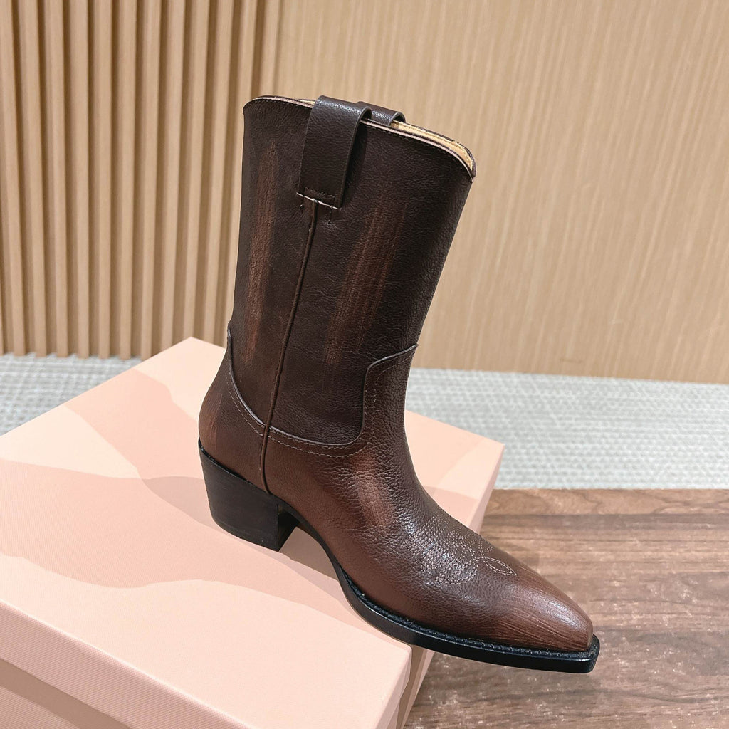 MiuMiu Women's Autumn/winter Fashion Classic Solid Color Retro Leather Pointed Toe High Heel High Boot Shoes #78435
