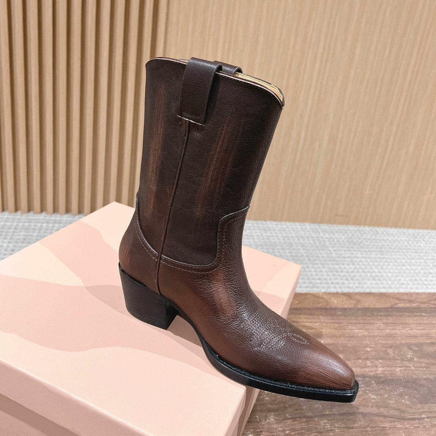 MiuMiu Women's Autumn/winter Fashion Classic Solid Color Retro Leather Pointed Toe High Heel High Boot Shoes #78435