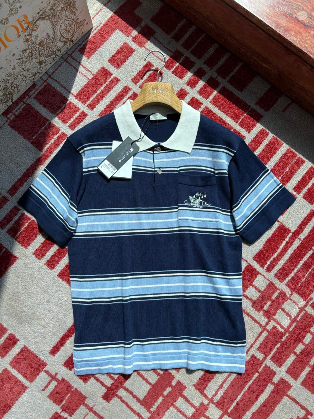 Dior Men's Summer Blue Cotton Plain Knit Fabric Suzuran Embroidery Polo Neck Short Sleeve T-Shirt #76931