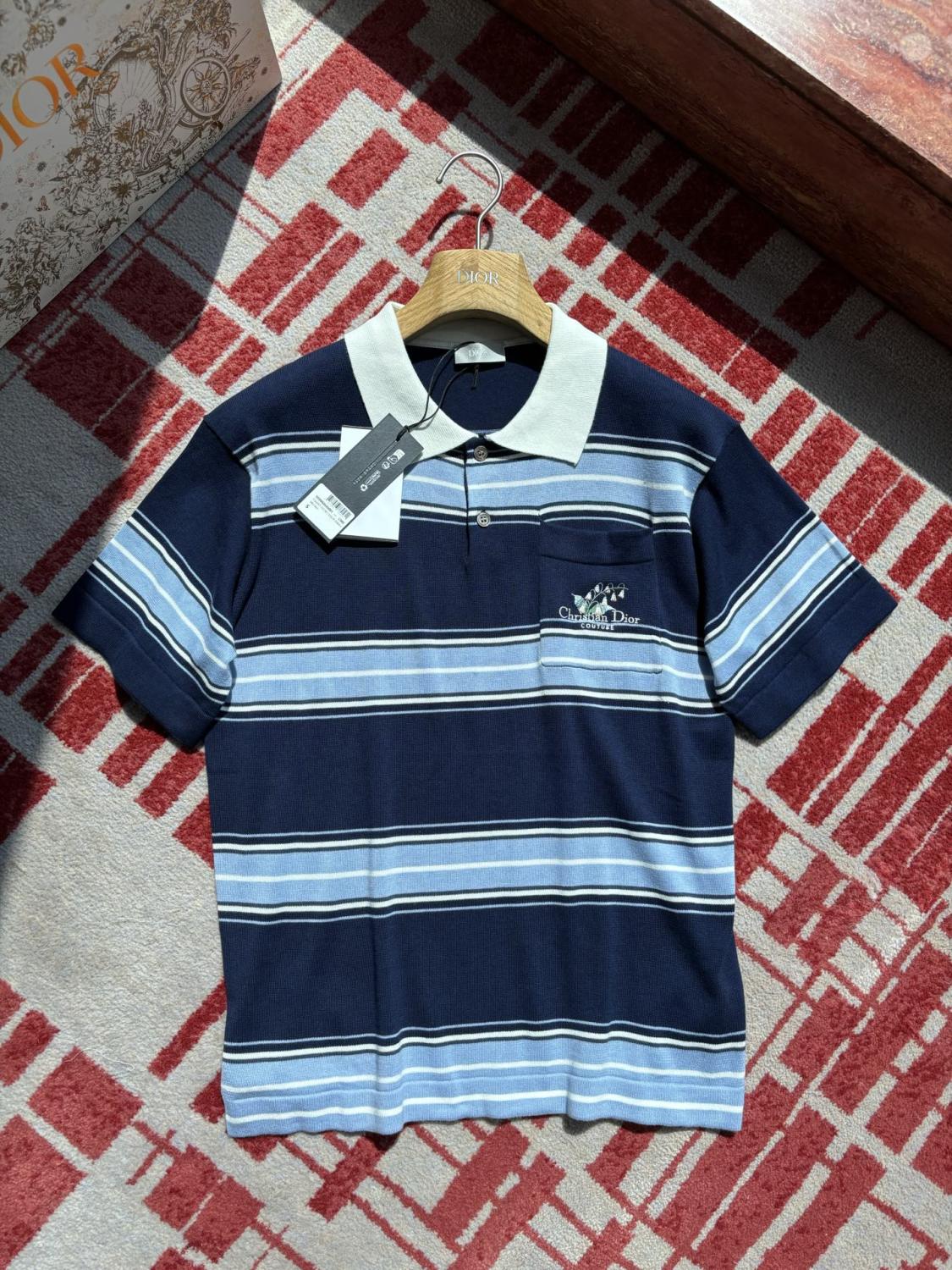 Dior Men's Summer Blue Cotton Plain Knit Fabric Suzuran Embroidery Polo Neck Short Sleeve T-Shirt #76931