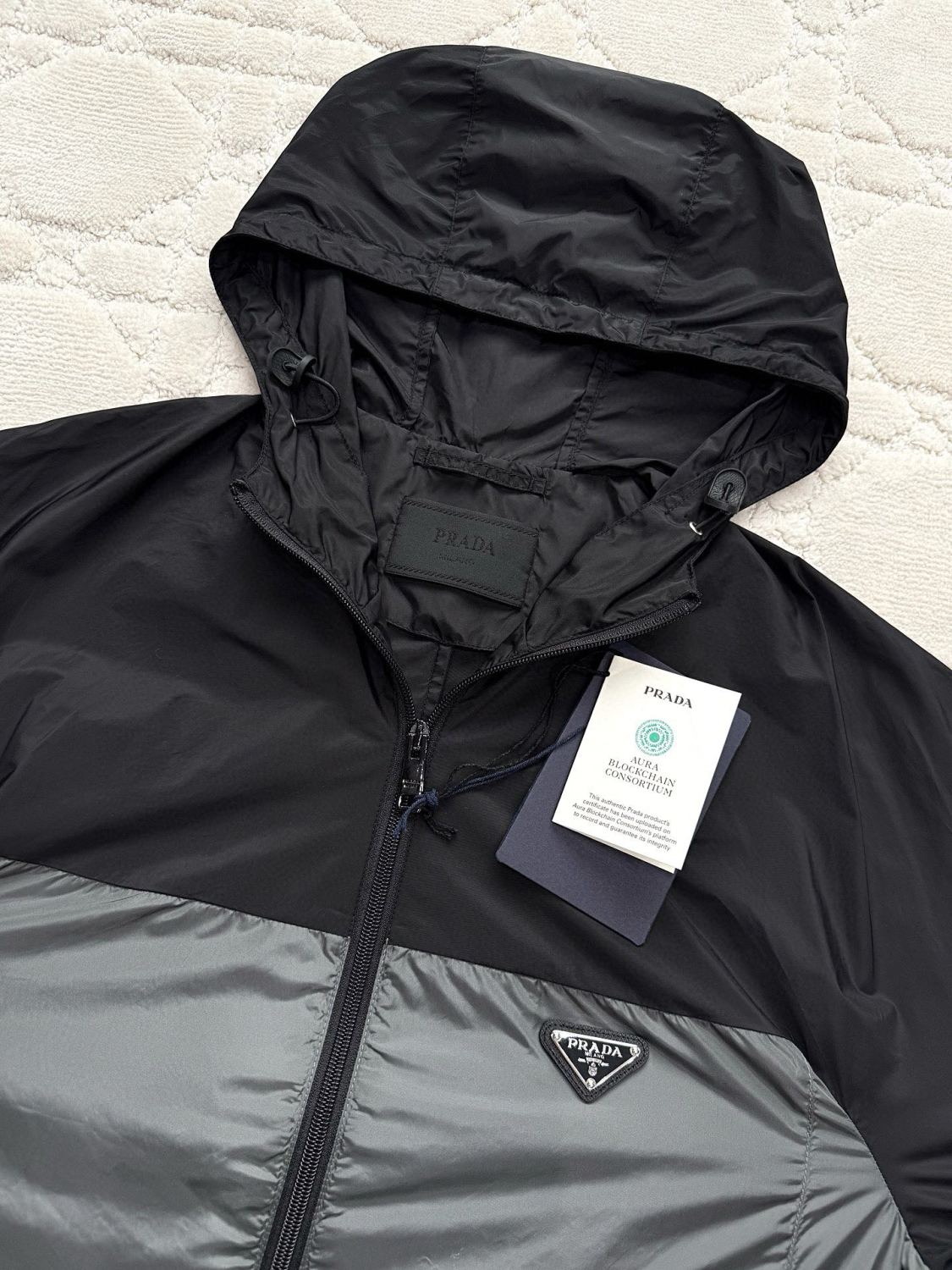 Prada Men's Spring/summer Fashion Casual Color Block Logo Badge Zipper Hooded Elastic Waist Loose Jacket Striped Patchwork Loose Cuffs Casual Pants Nylon Fabric Suit Set #78355