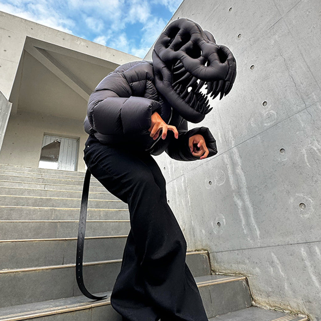 Rick Owens Men's And Women's Fall And Winter Dinosaur Down Jacket Black Handmade Customized Tyrannosaurus Rex Design Ski Suit Thickened White Duck Down Ngvp #8863