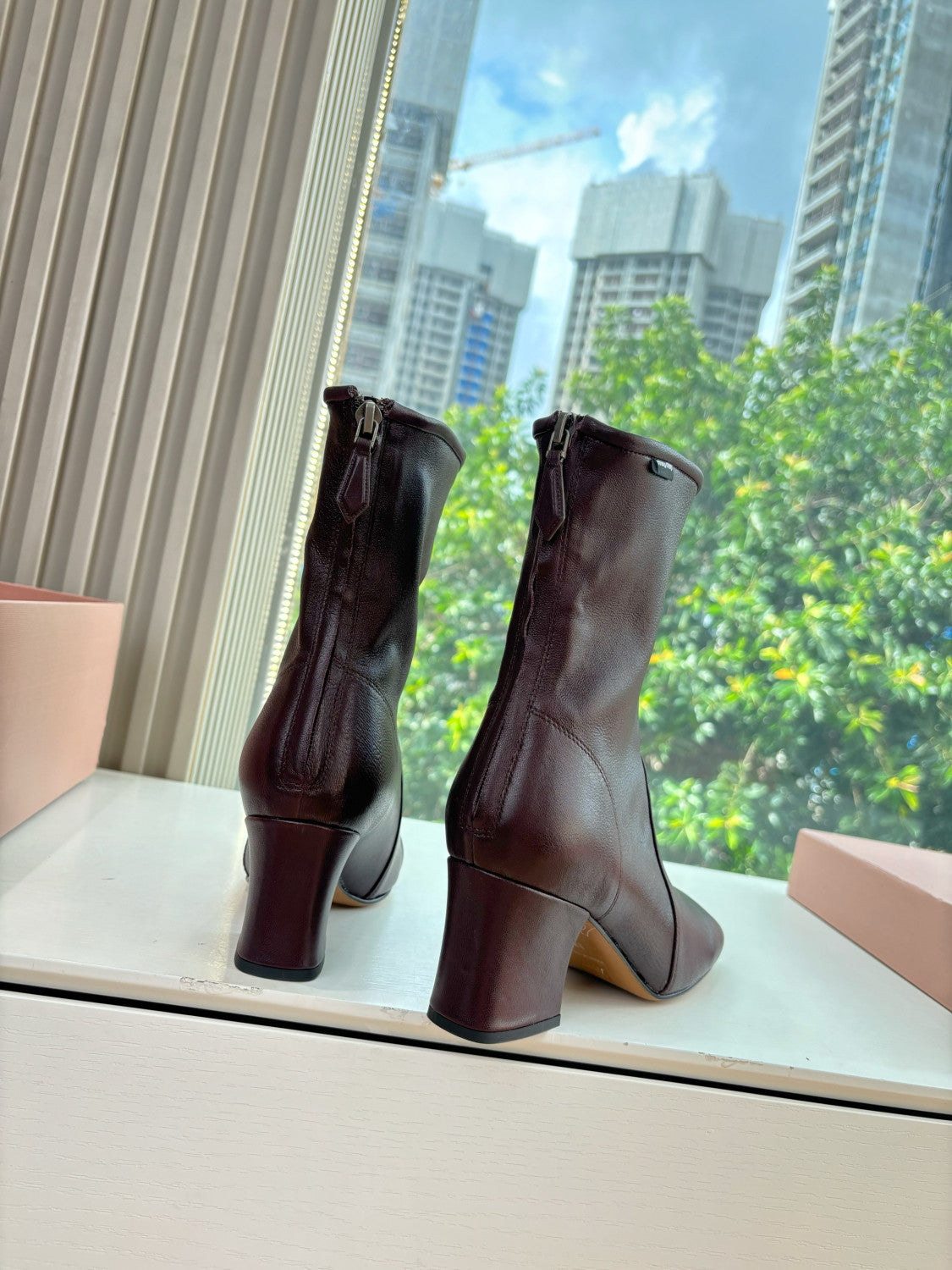 MiuMiu Nappa Women's Spring/Fall Fashion Casual Chunky Heel Leather Round Toe Slip On Zipper Ankle Boots Shoes #78717