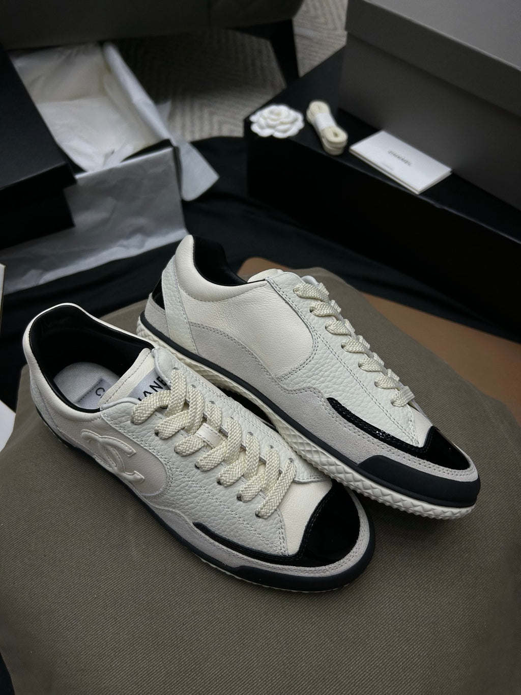 Chanel Women's Spring/Fall Fashion Casual Round Toe Lace Up Two Tone Flat Low Top Lychee Grain Cowhide Patent Leather Slip On Sneakers Shoes #79295