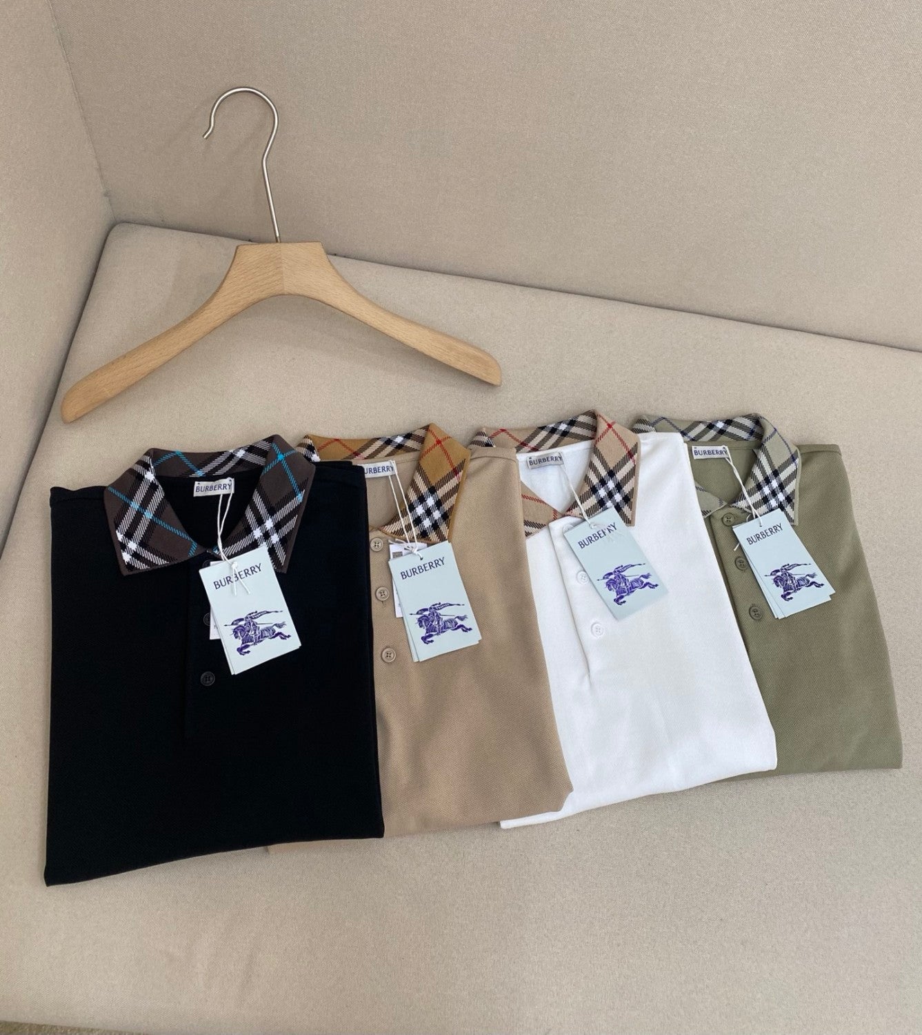 Burberry Men's Summer Check Printed Polo Neck Solid Color Short Sleeve T-Shirt #77499