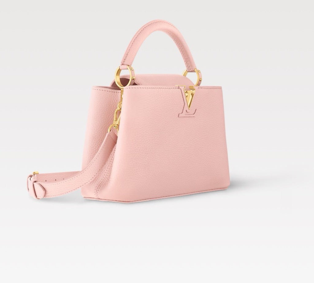 Louis Vuitton CAPUCINES MINI Handbag M24740 Cherry Blossom Pink Chip Monogram Floral Pattern Taurillon Leather Fashionable Modern Clutch Tote Crossbody Bag Bags #195564