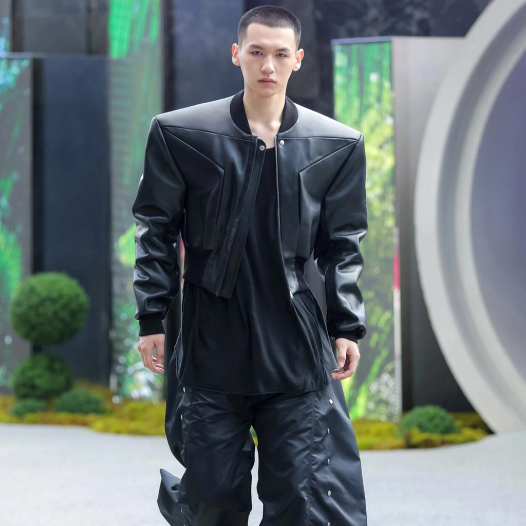 Rick Owens Men's Spring And Autumn Standing Collar Short Shoulder Padded Leather Jacket High Street Hip Hop Zip Long Sleeve Leather Jacket Ngvp #9828