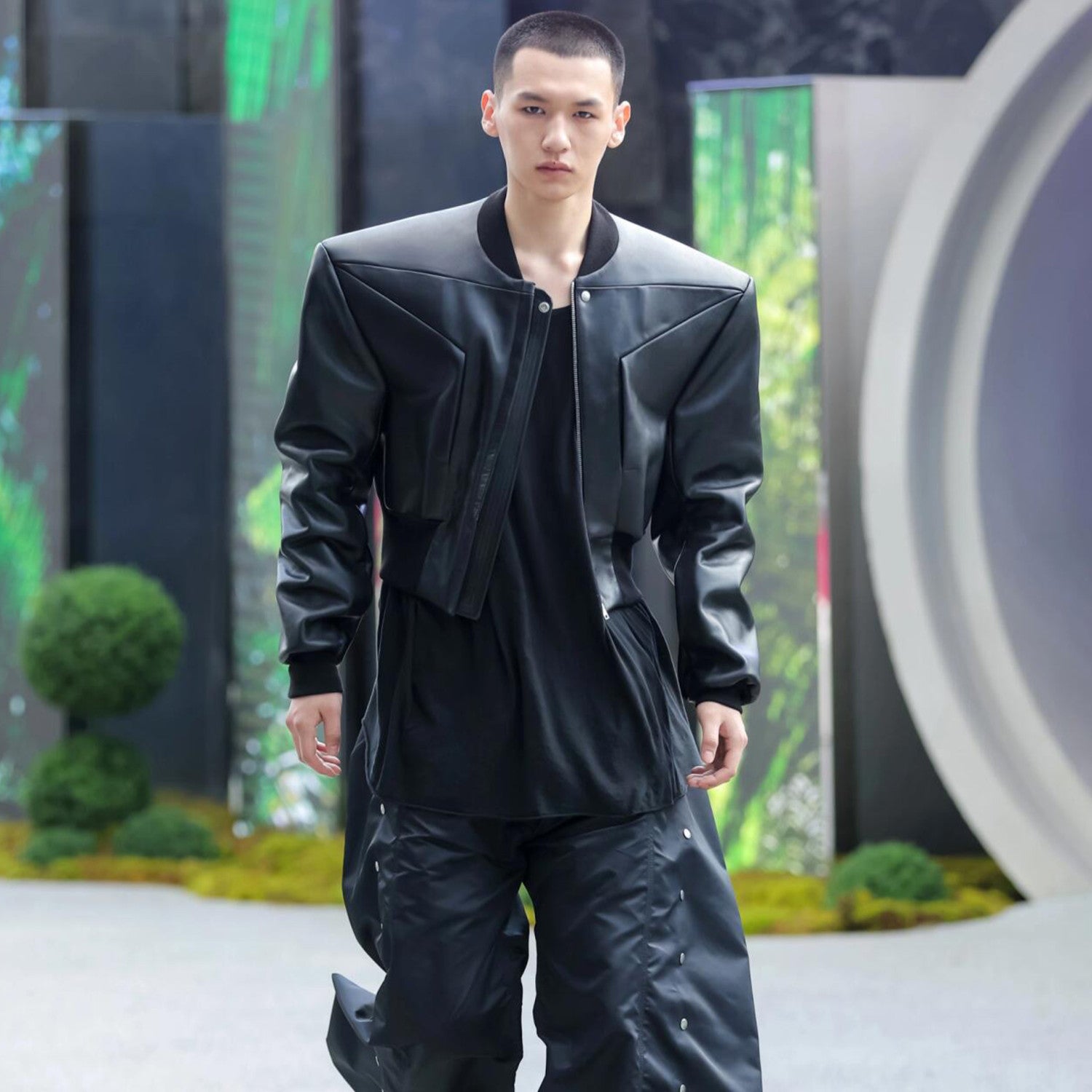 Rick Owens Men's Spring And Autumn Standing Collar Short Shoulder Padded Leather Jacket High Street Hip Hop Zip Long Sleeve Leather Jacket Ngvp #9828