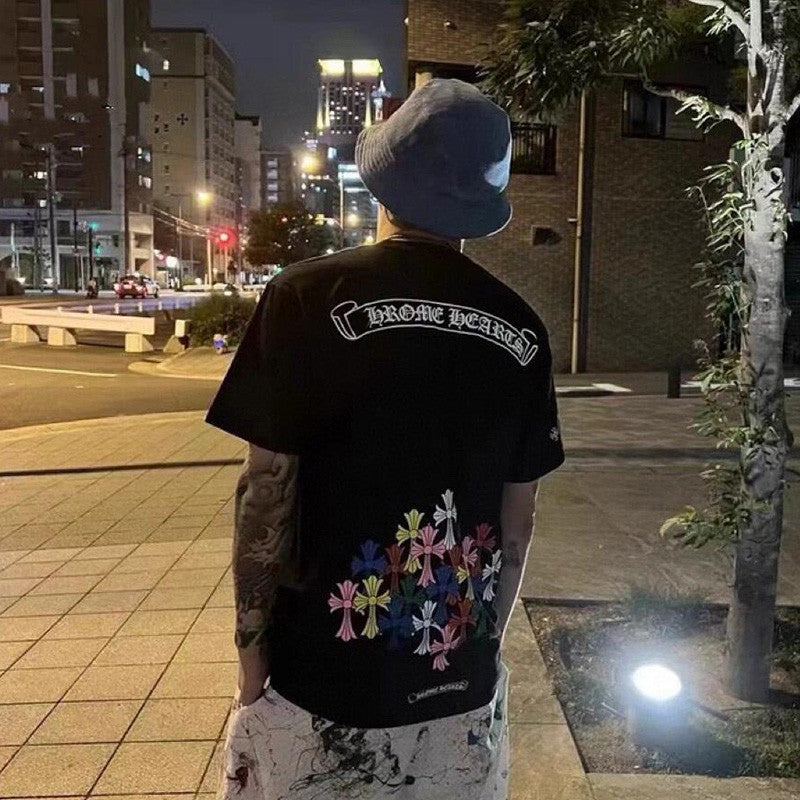 Chrome Hearts Men's Women's Summer Tide Sanskrit Letters Colourful Cross Logo Short-Sleeved T-Shirt Round Neck Short-Sleeved Casual T-Shirt #81147