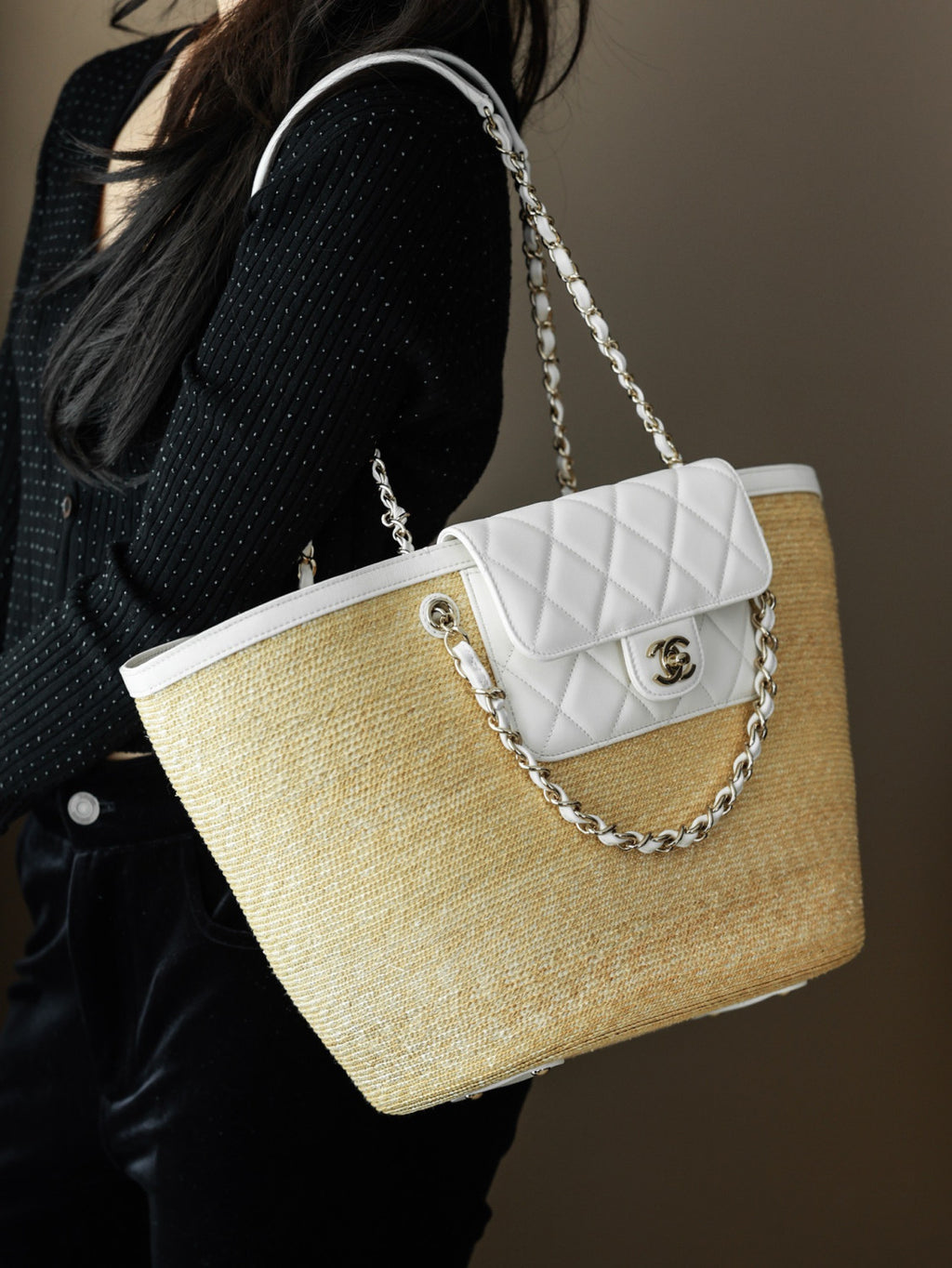 Chanel Large Shopping Bag Braided Straw Lambskin Gold-tone Metal #381455