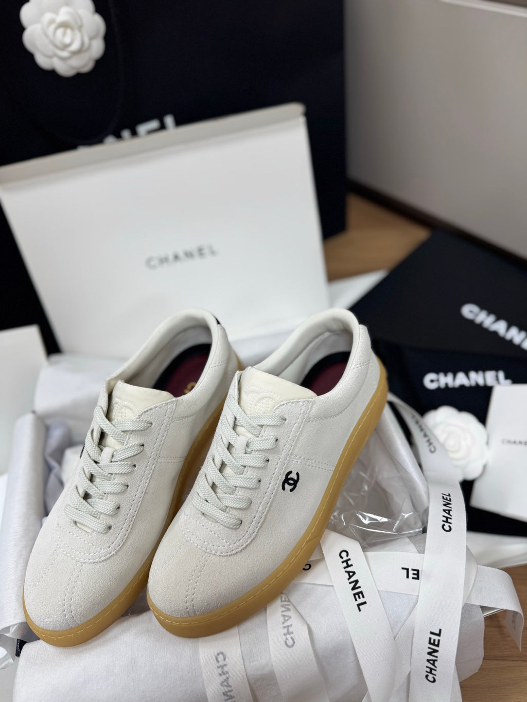 CHANEL Sneakers Suede Calfskin Calfskin White Black #381214