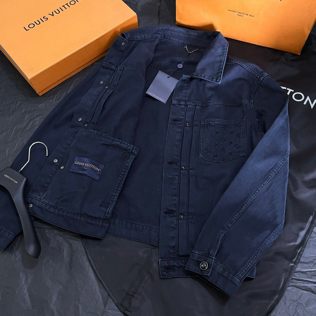 Louis Vuitton Men's Spring/Autumn Solid Colour Embroidered Letter Print Pocket Single-Breasted Long-Sleeved Denim Jacket and Casual Denim Trousers Pants Set Suit #77632
