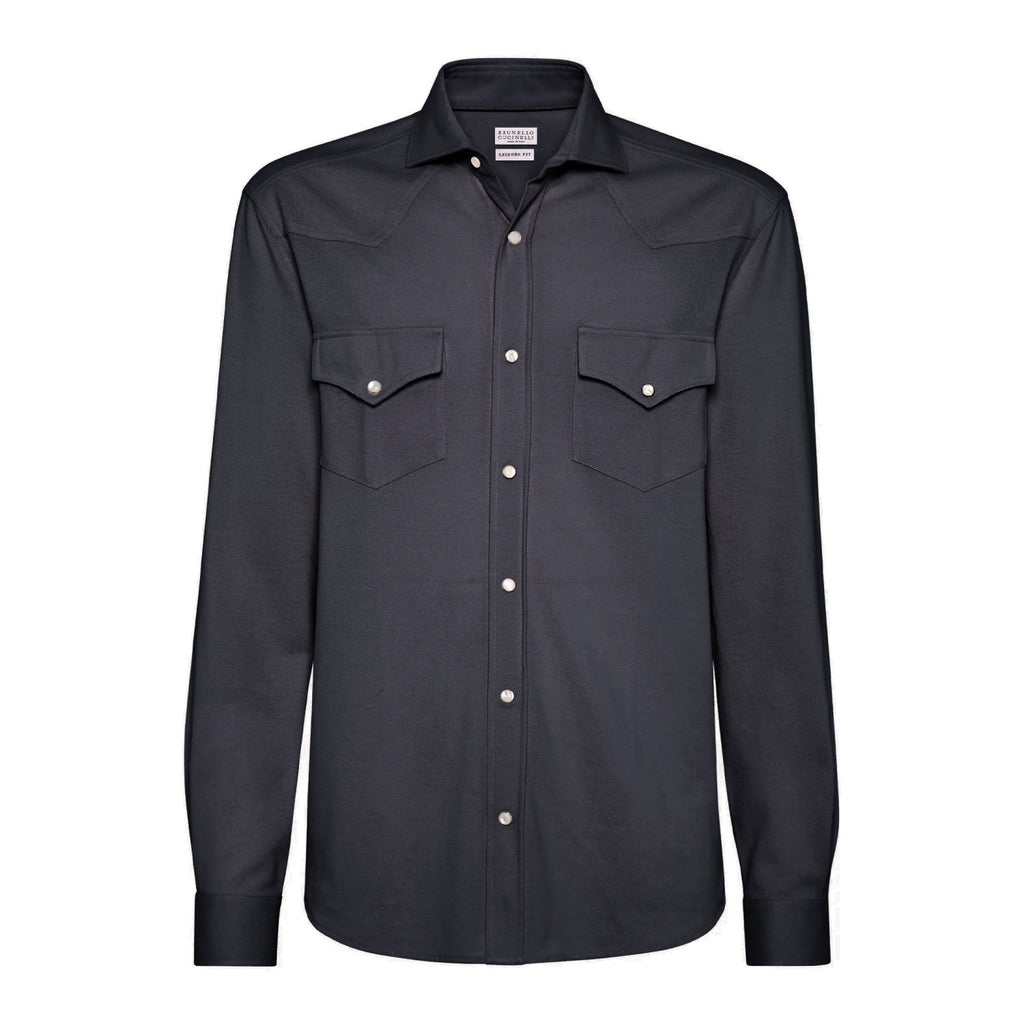 Brunello Cucinelli Men's Spring And Fall Cotton Lapel Solid Color Single-Breasted Chest Pocket Long Sleeve Fitted Shirt Ngvp #1557