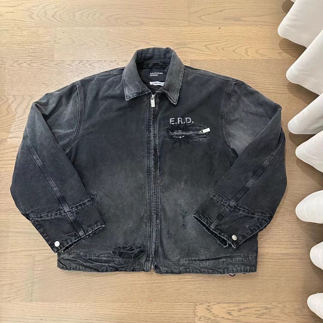 Enfants Riches Deprimes Men's And Women's Black Spring And Fall Washed And Aged Denim Zipper Jacket #98184