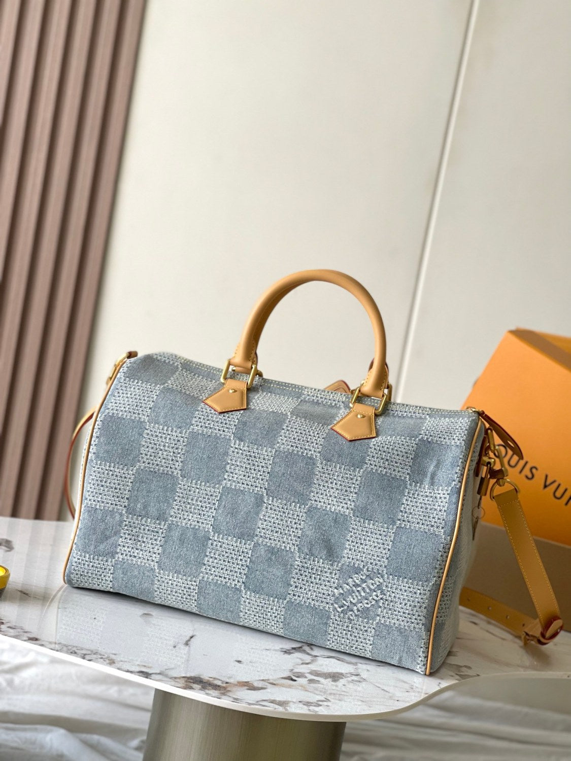Louis Vuitton Speedy 40 Bandoulière Men's and Women's Checkerboard Printed Denim Patchwork Leather Single Shoulder Crossbody Tote Bag Travel Bags #76847