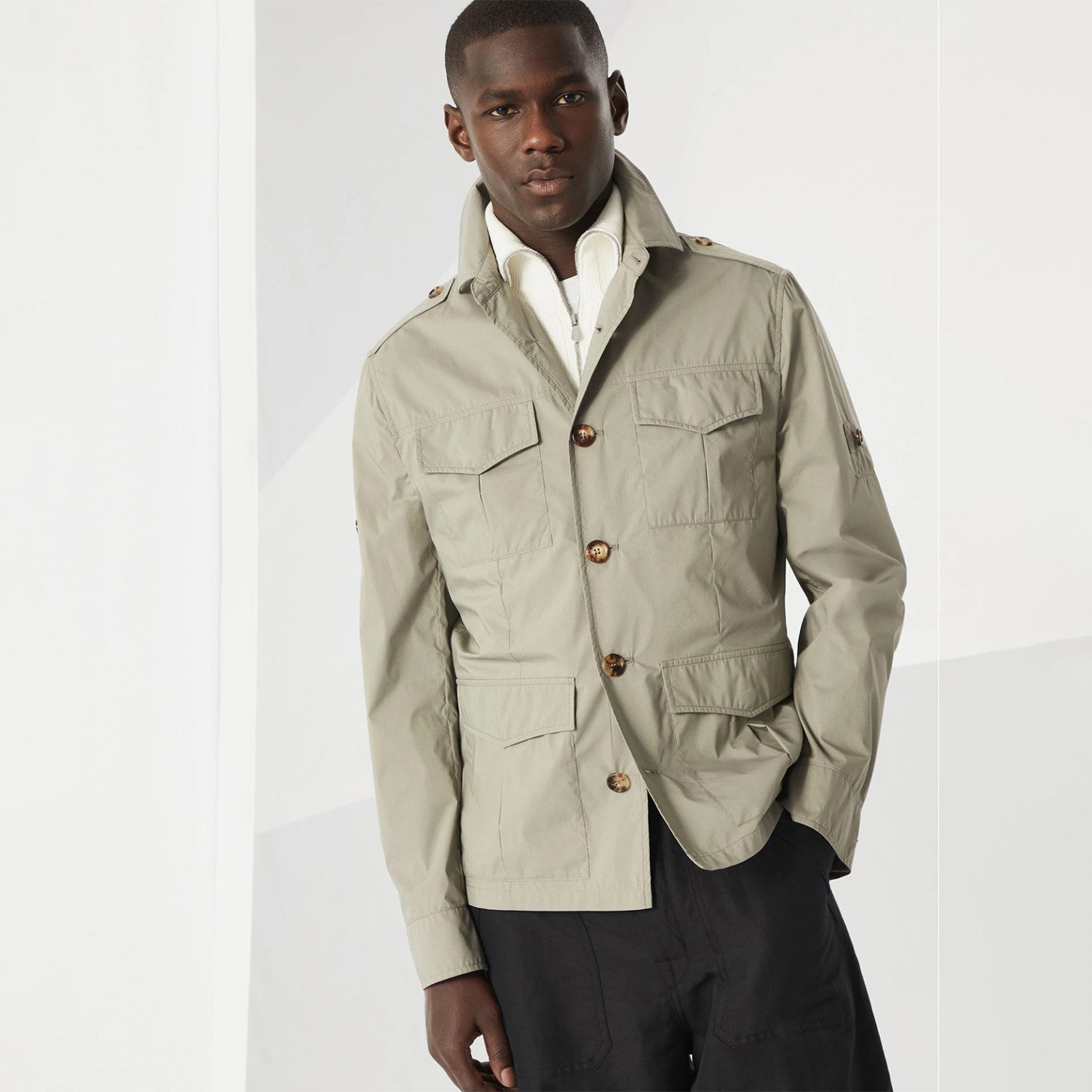 Brunello Cucinelli Men's Spring & Fall Lightweight Water-Resistant Techno Cotton Unlined Safari Jacket Solid Color Lapel Single Breasted Shirt Style Jacket Ngvp #1946