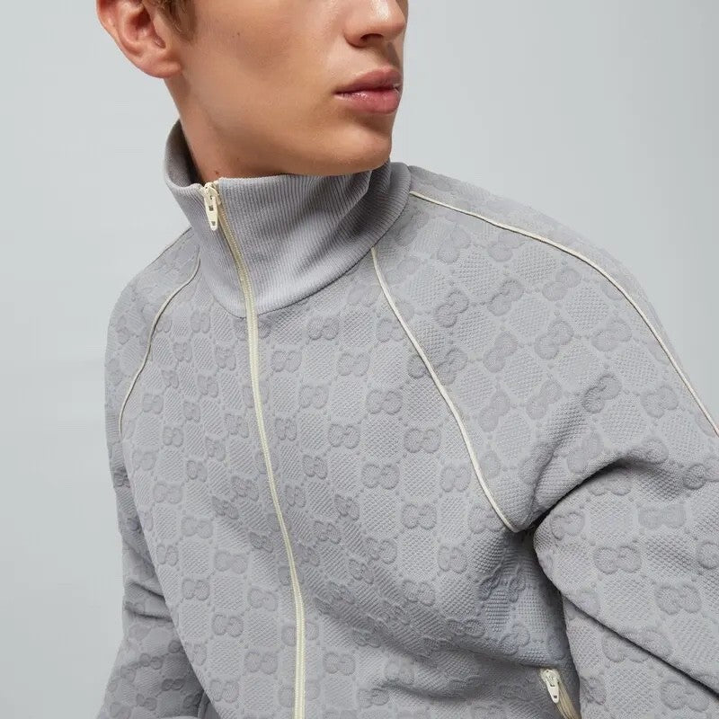 Gucci Men's Spring and Autumn Gray Letter Logo Full Print Zipper Long Sleeve Jacket Drawstring Tie Sweatpants Pants Suit Set #72978