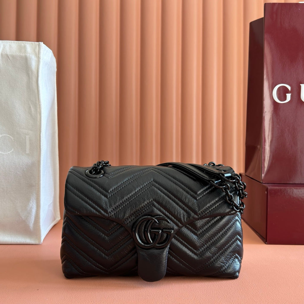 Gucci Gg Marmont Collection Handbag Soft Black Calfskin With Quilted V-shaped Napa Leather Double G Design Bag Bags #196672