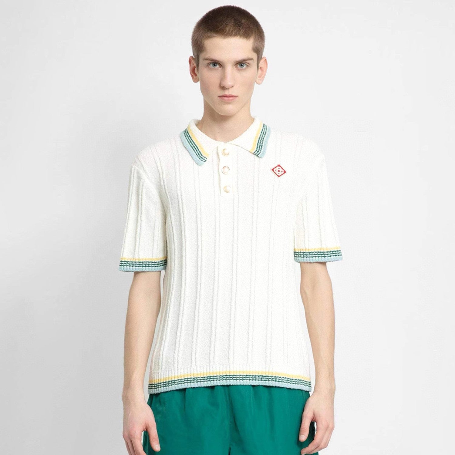 Casablanca Men's Summer White Striped Trim Comfortable Ribbed Knit Short Sleeve Polo T-Shirt #73227