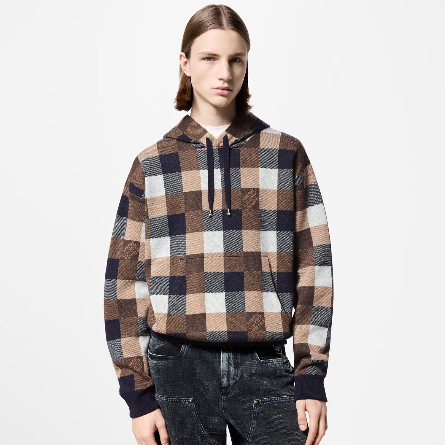 Louis Vuitton Men's Spring and Autumn Brown Plaid Letter Logo Printed Hooded Long Sleeve Sweatshirt #73739