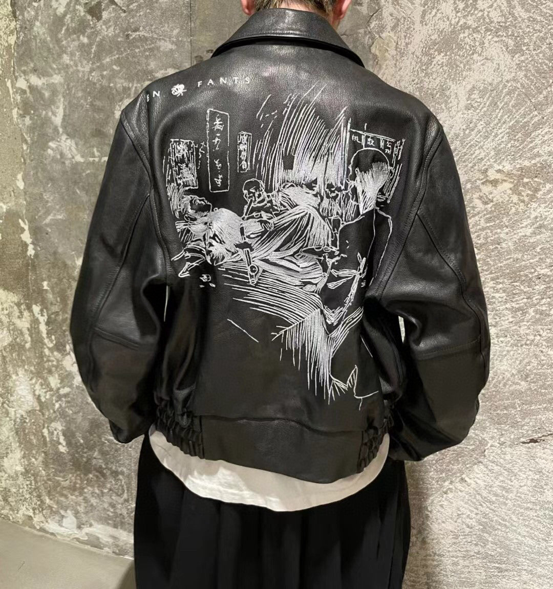 Enfants Riches Deprimes Men's Fall And Winter Black Fashion Trend High Street Goatskin Embroidery Lapel Zipper Leather Jacket Ngvp #7349