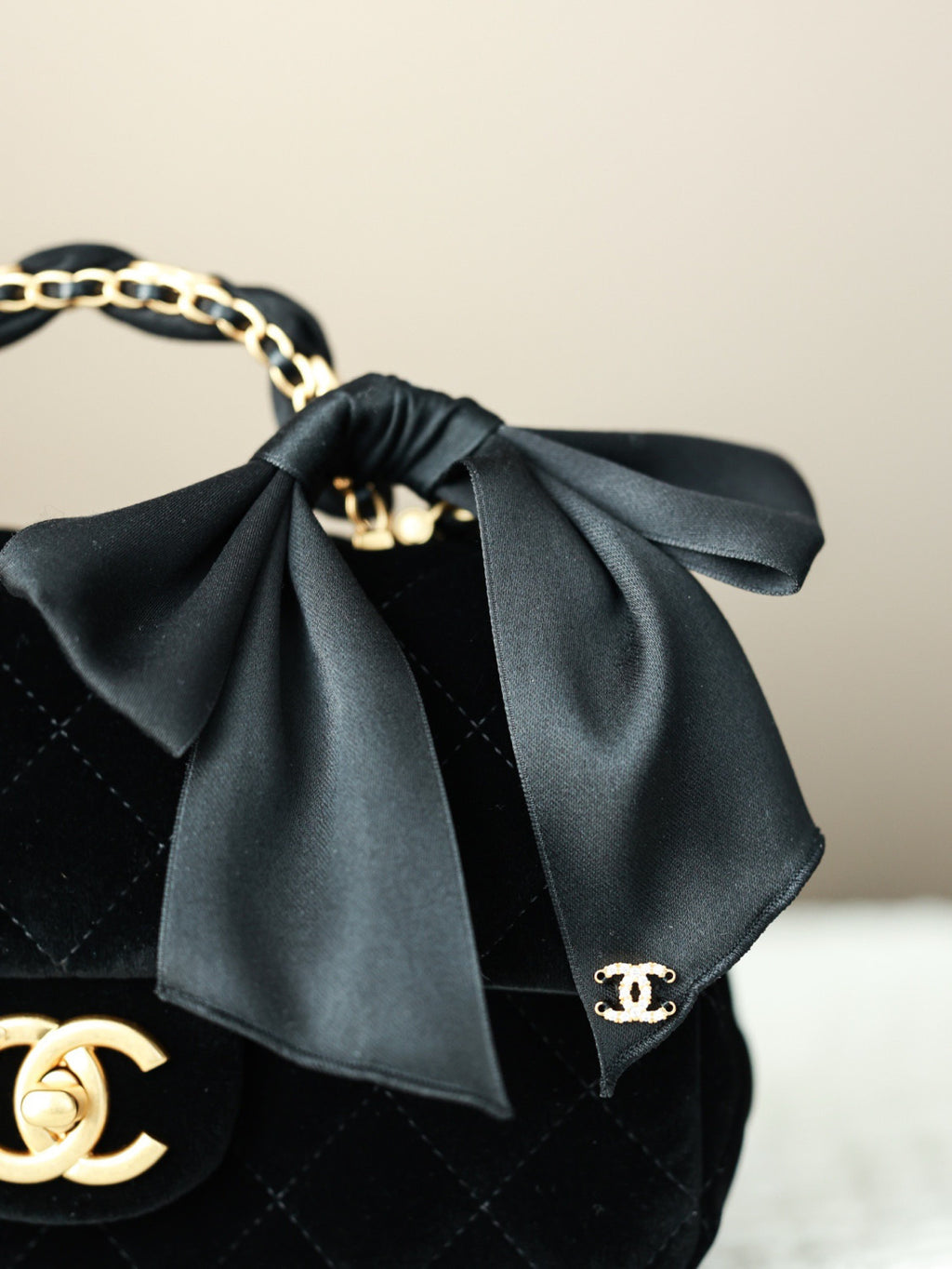 Chanel Mini Flap Bag With Top Handle Velvet Silk Gold-tone Metal Black #193594