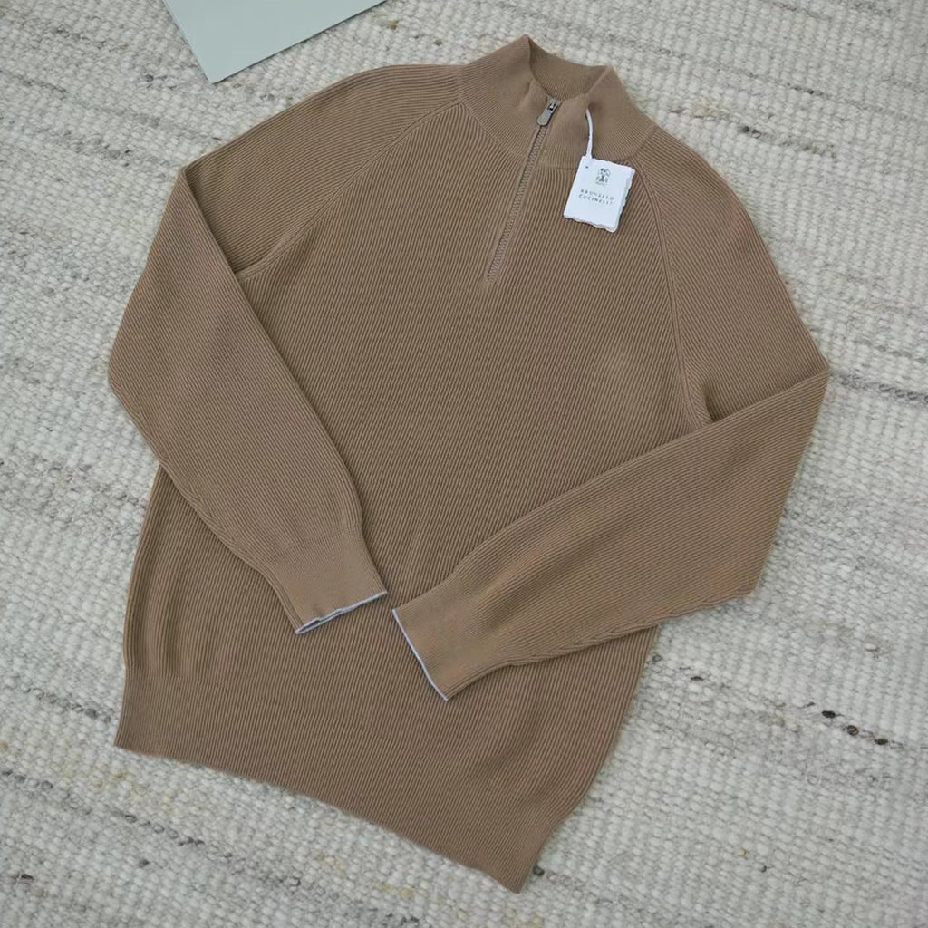 Brunello Cucinelli Men's British-Style Ribbed Cotton Knit Sweater Spring/Fall/Winter Half-Zip High-Neck Solid-Color Long-Sleeve Sweater Ngvp #2525