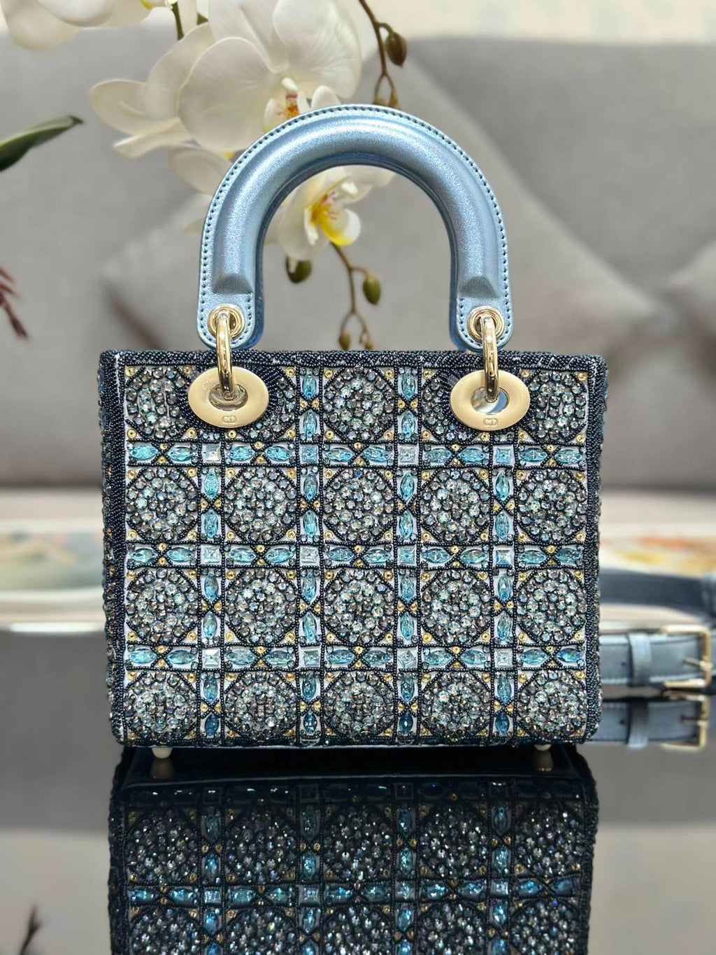 Dior Classic Diamond-quilted Embroidered Blue Metallic D.I.O.R. Charm Cowhide Leather Handle Clutch Crossbody Bag Princess Diana-style Bag Bags #196495