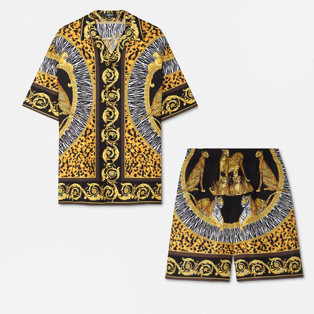 Versace Wild Cats Silk Lapel Shirt Shorts Set Men's Luxury Temperament Casual Single-breasted Shirt Elastic Waist Shorts Suit Set Ngvp #2444