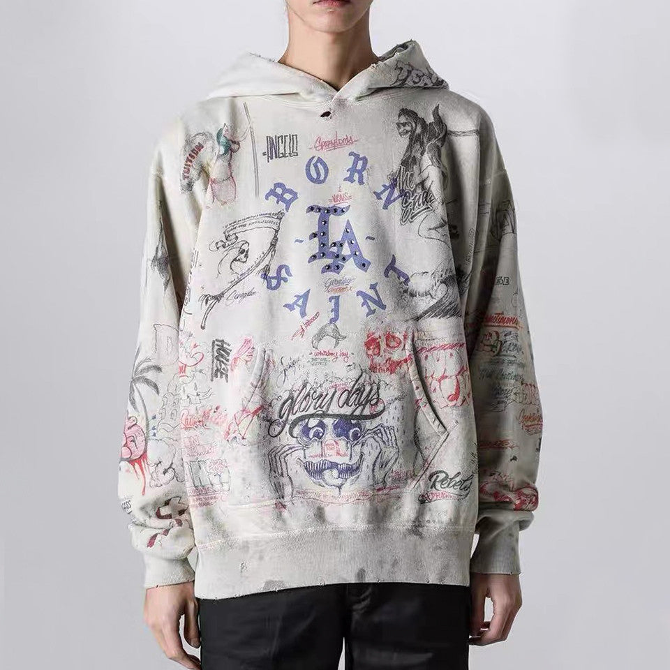 Saint Michael x Born x Raised Men's Spring And Autumn Graffiti Cotton Hooded Pullover Fitted Solid Color Long Sleeve Sweatshirt Ngvp #9284