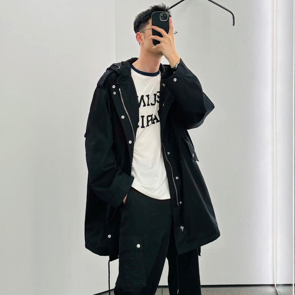 Celine Men's Spring and Autumn Black Hooded Pocket Zipper Parker Windbreaker Jacket #73178