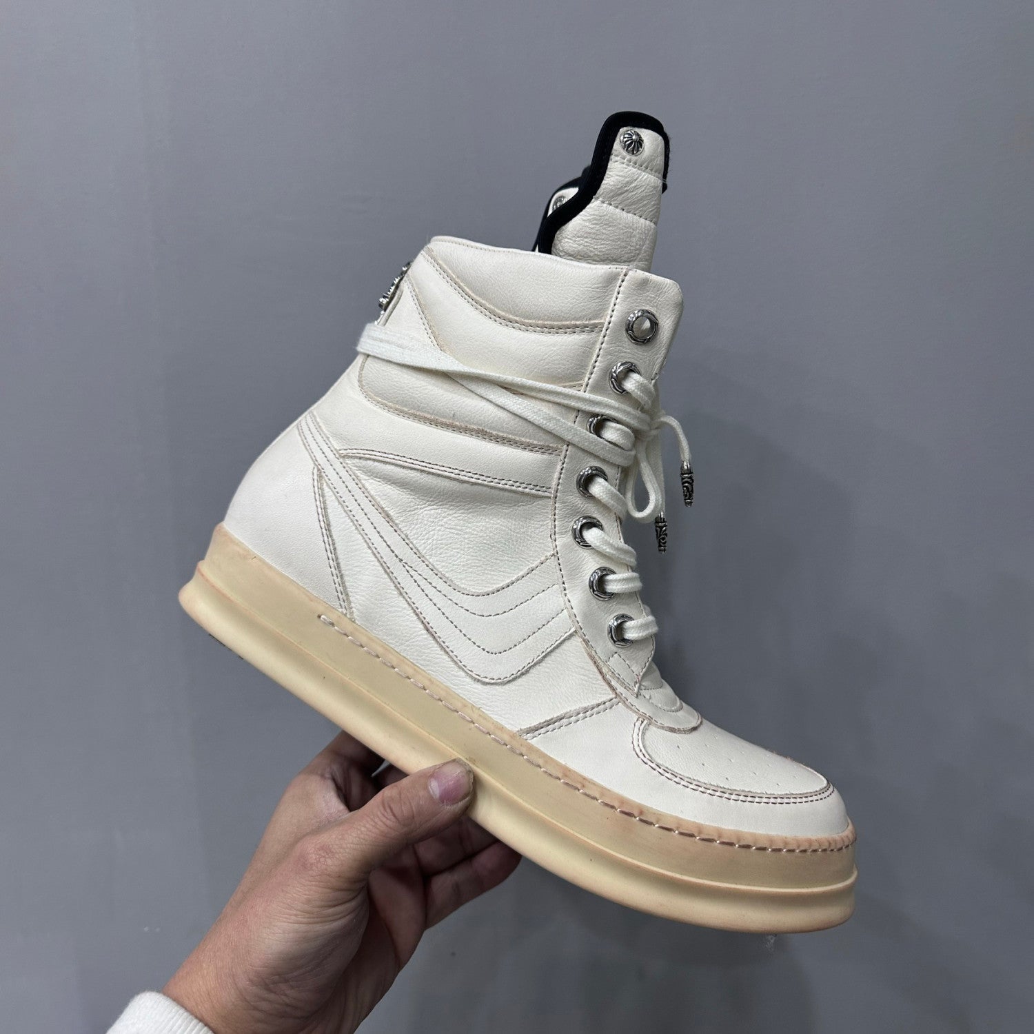 Rick Owens x Chrome Hearts Geobasket Men's And Women's Solid-colour Leather High-top Lace-up Side Zip Casual Shoes #77726