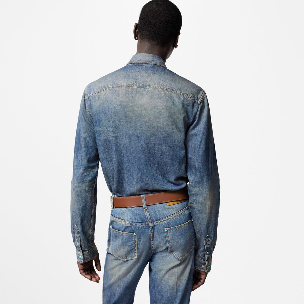 Louis Vuitton Men's Spring And Fall Cotton Logo Rivets Embellished Single-Breasted Slim Long-Sleeved Blue Denim Shirt #71621