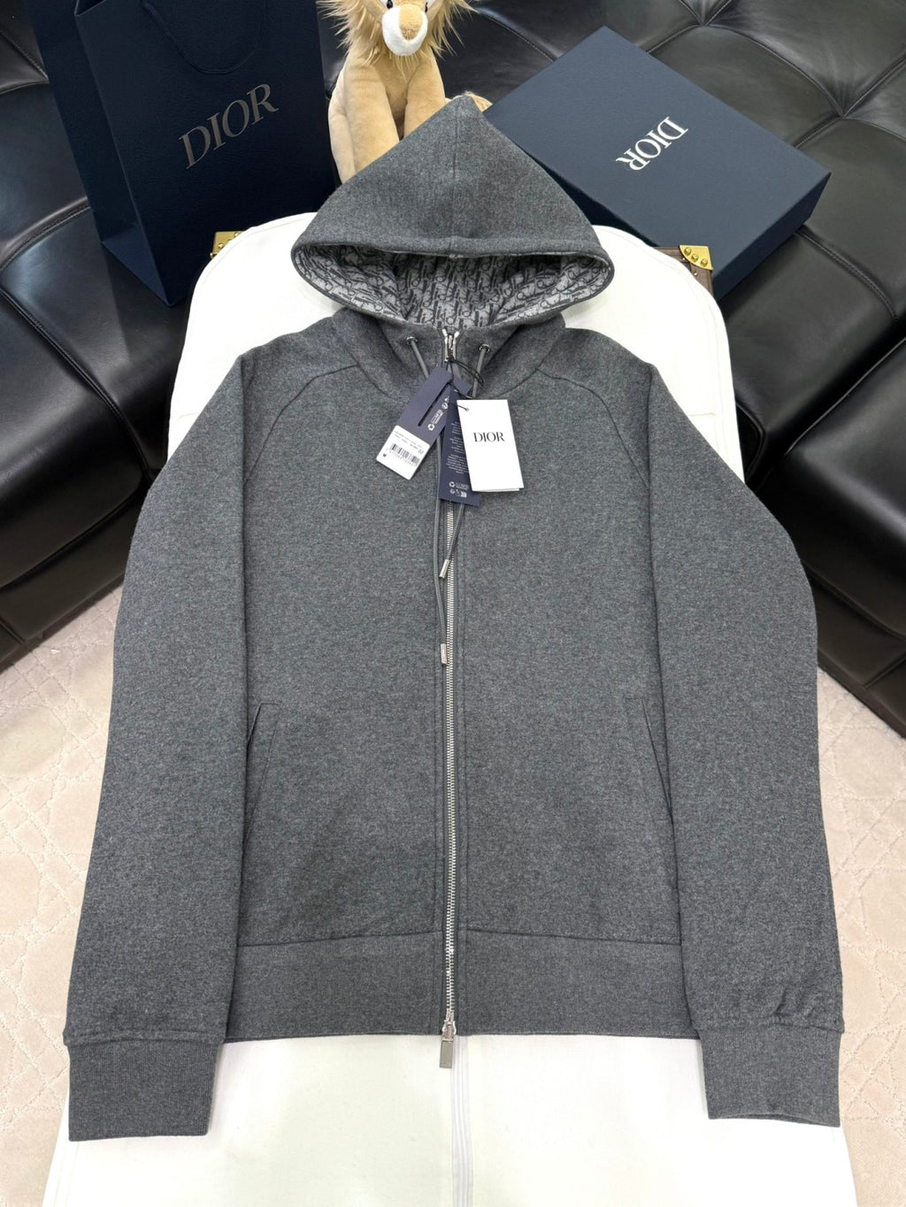 Dior Men's Spring and Autumn Solid Color Jacquard Cashmere Hooded Zipper Long Sleeve Jacket Drawstring Lace-Up Leisure Pants Suit Set #74477