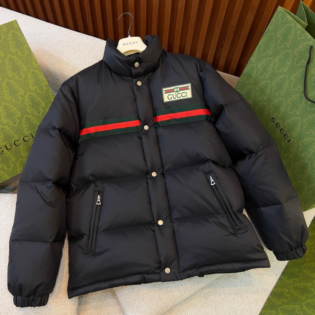 Gucci Men's And Women's Winter Fashion Casual High Neck Single Button Red Green Striped Webbing Contrast Collar Detachable Sleeves Down Jacket #79374