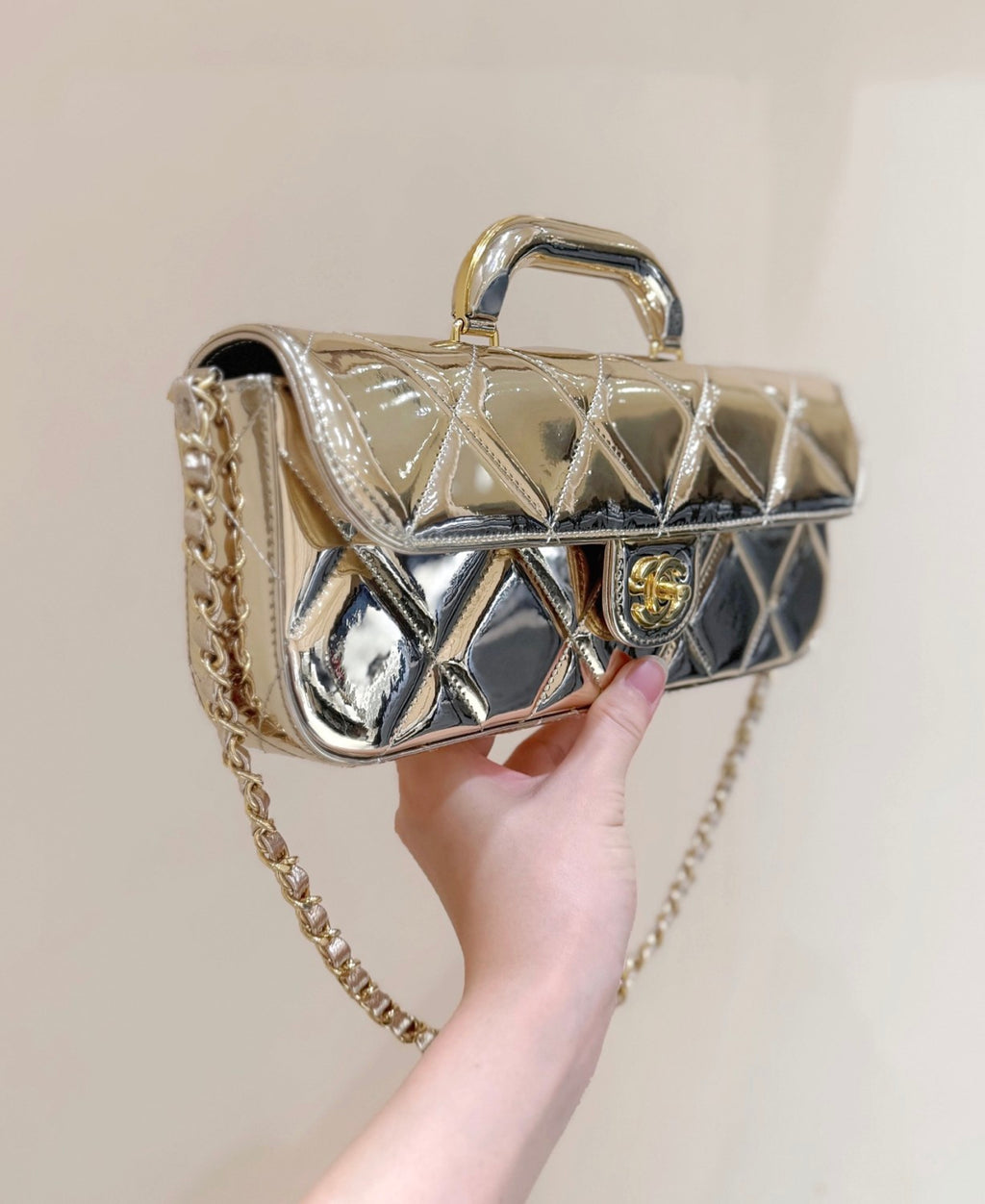 Chanel Large Flap Bag With Top Handle Metallic Mirror Calfskin #375534