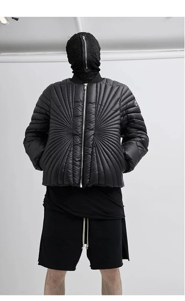 Rick Owens X Moncler Men's And Women's Black Saison Peter Feather Jacket Fall And Winter Rays Striped Senior Zipper Round Neck Jacket Ngvp #2499