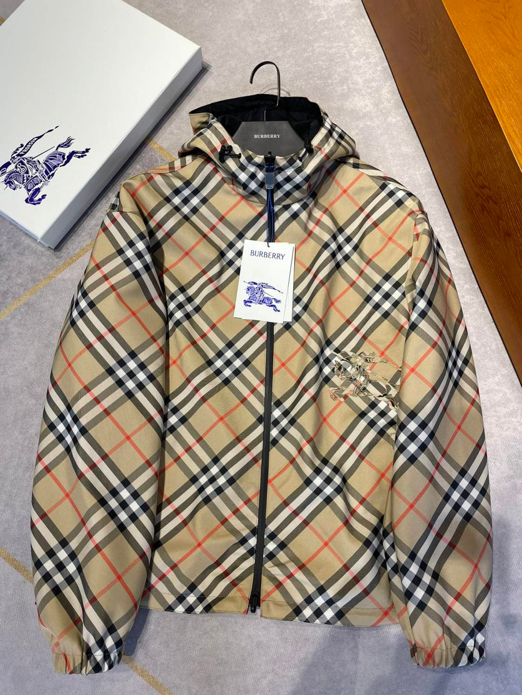 Burberry Men's Autumn and Winter Check Printed Reversible Zipper Hooded Long Sleeve Jacket #73814