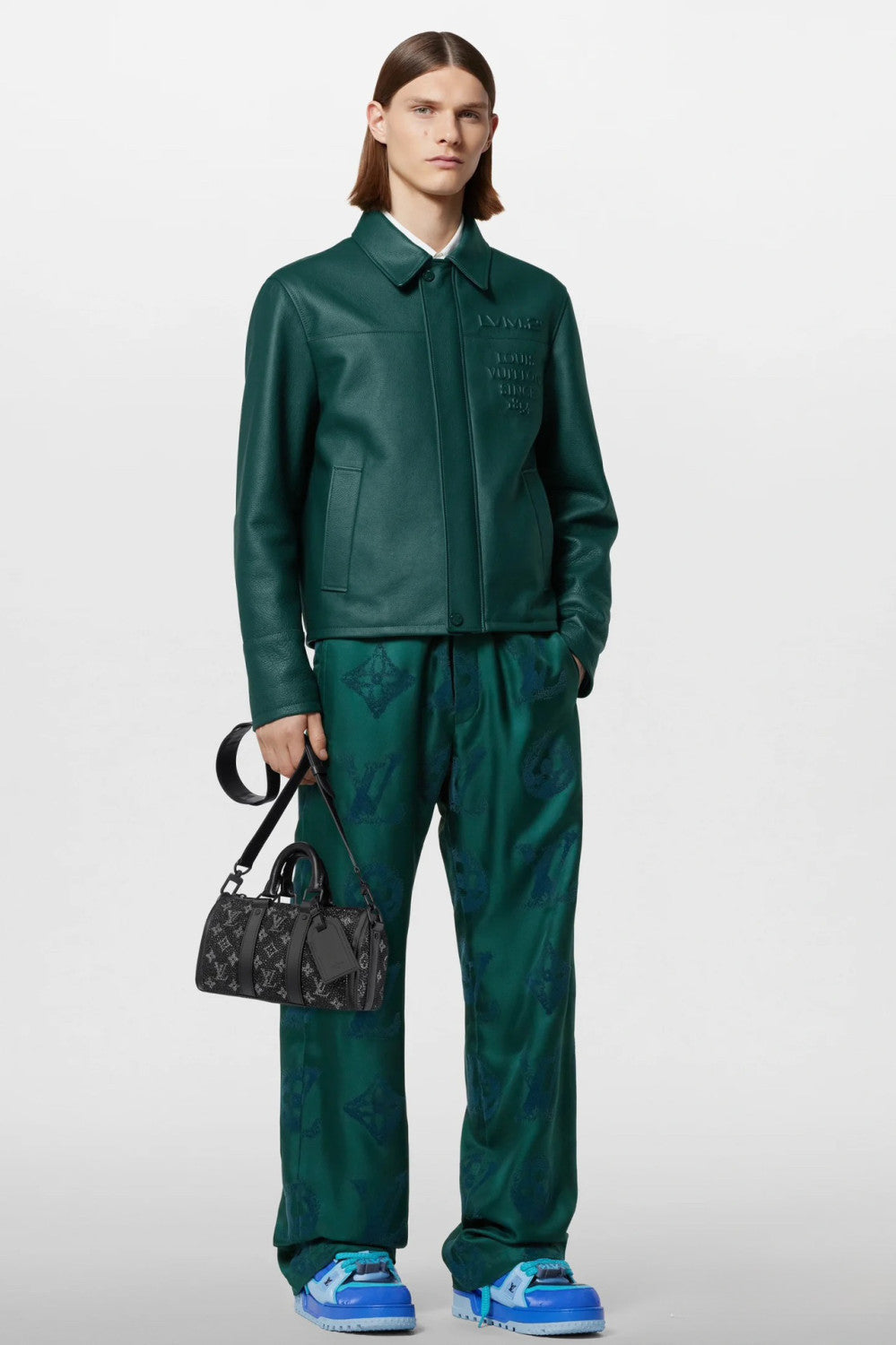 Louis Vuitton Men's Fall And Winter Green Retro Embossed Leather Long-sleeved Shirt Cowhide Jacket Fashion Trend Leisure Lapel Zipper Leather Jacket #81126