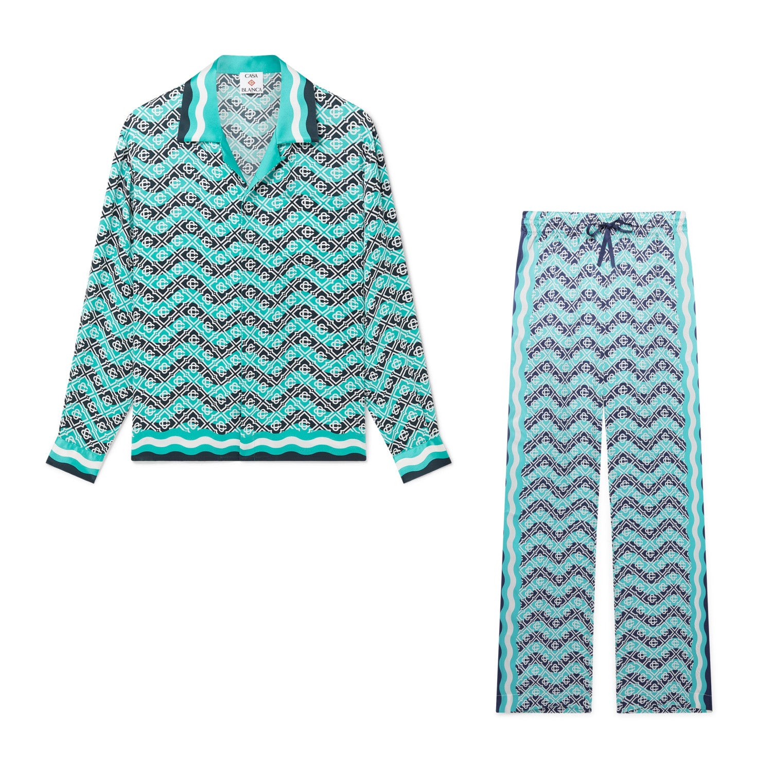 Casablanca Men's and Women's Fashion Casual Full Print Logo Silk Long Sleeve Shirt Elastic Drawstring Waist Full Print Logo Silk Long Pants Suit Set #78594