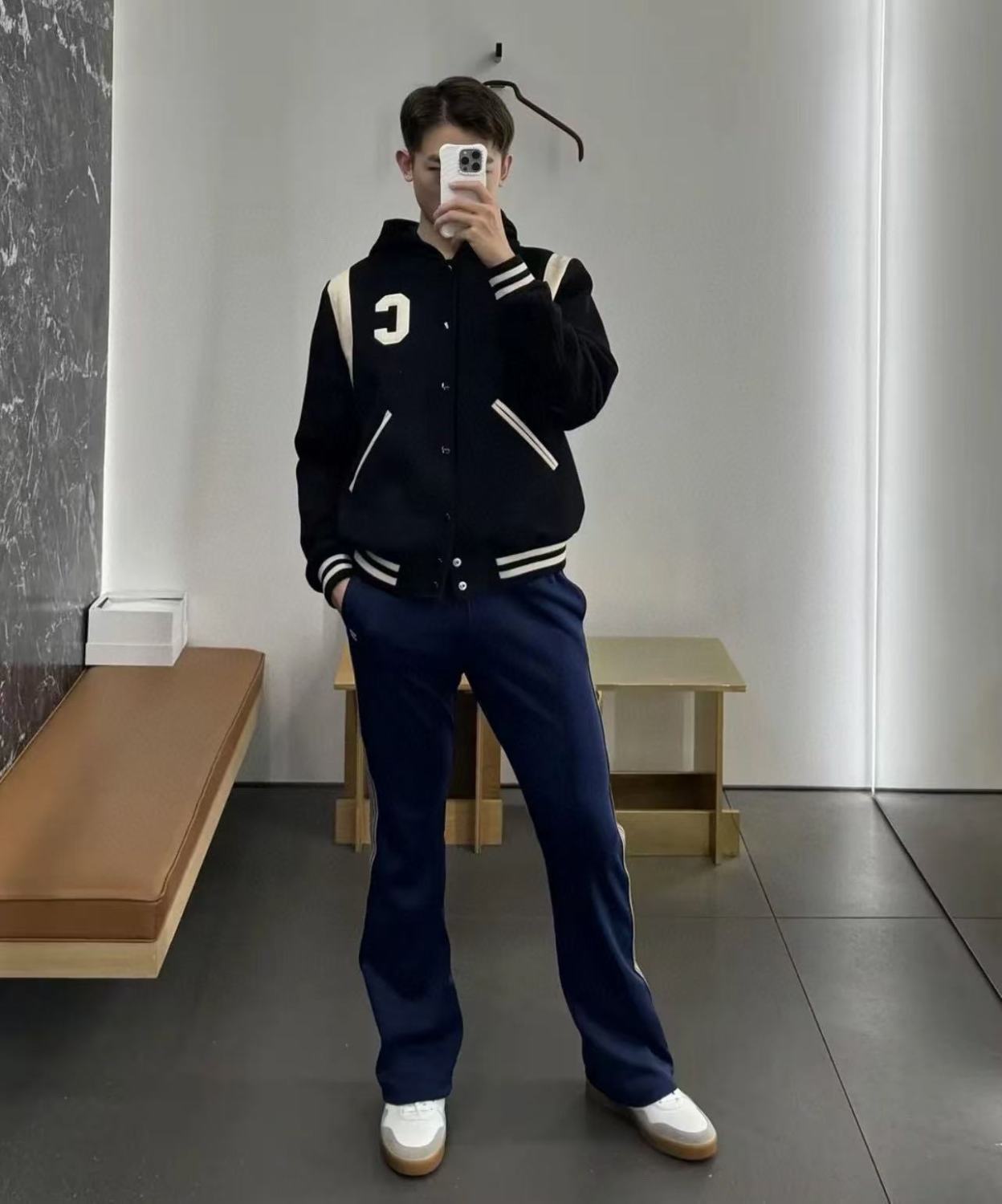 Celine Men's Spring And Autumn Colour Blocking Casual Single-breasted Jacket Logo Wool Blend Hooded Baseball Coat Jacket #71844