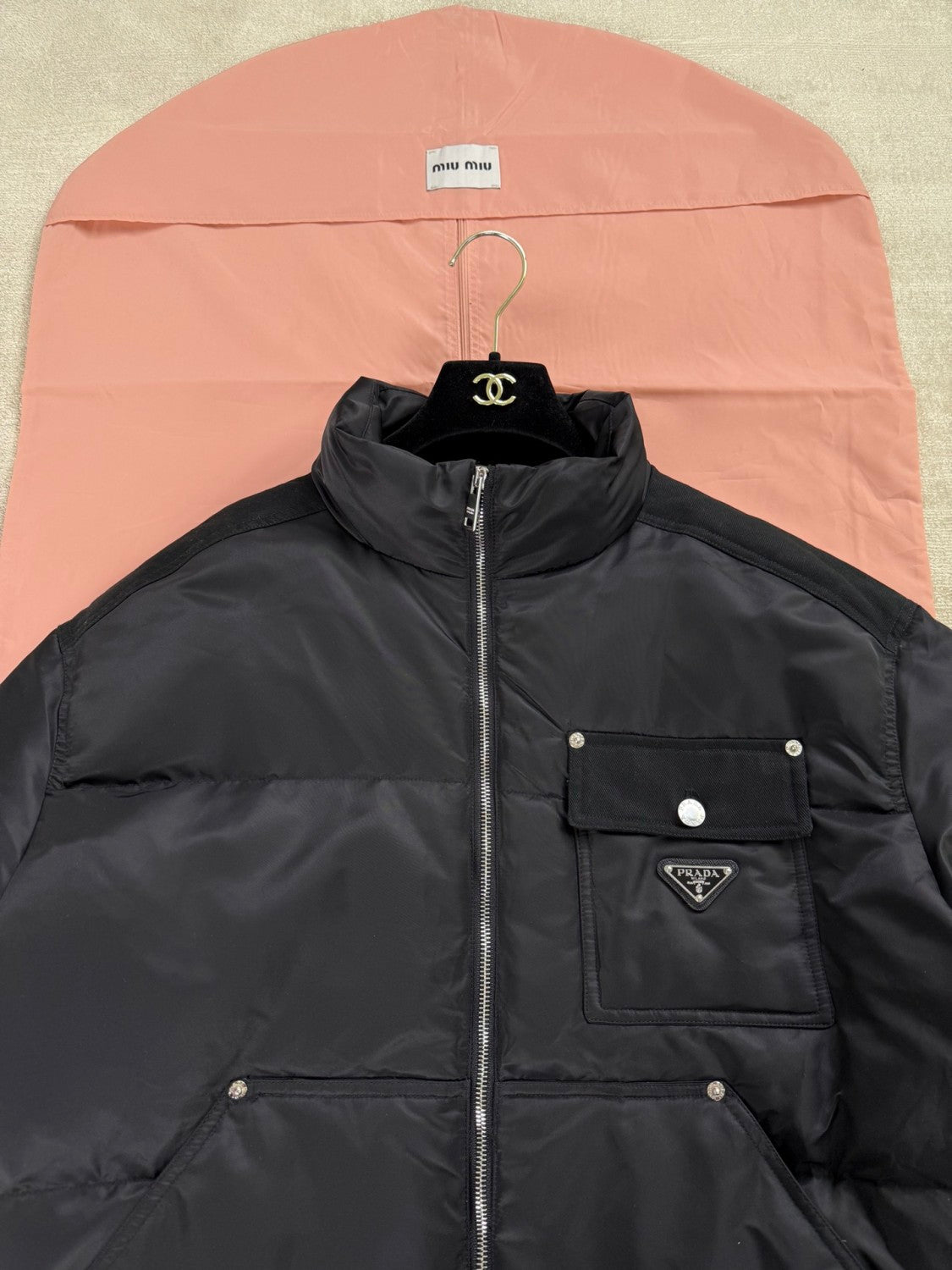 Prada Men's Autumn and Winter Solid Color Standing Collar Fit Zipper Long Sleeve Nylon Puffer Down Jacket #73889