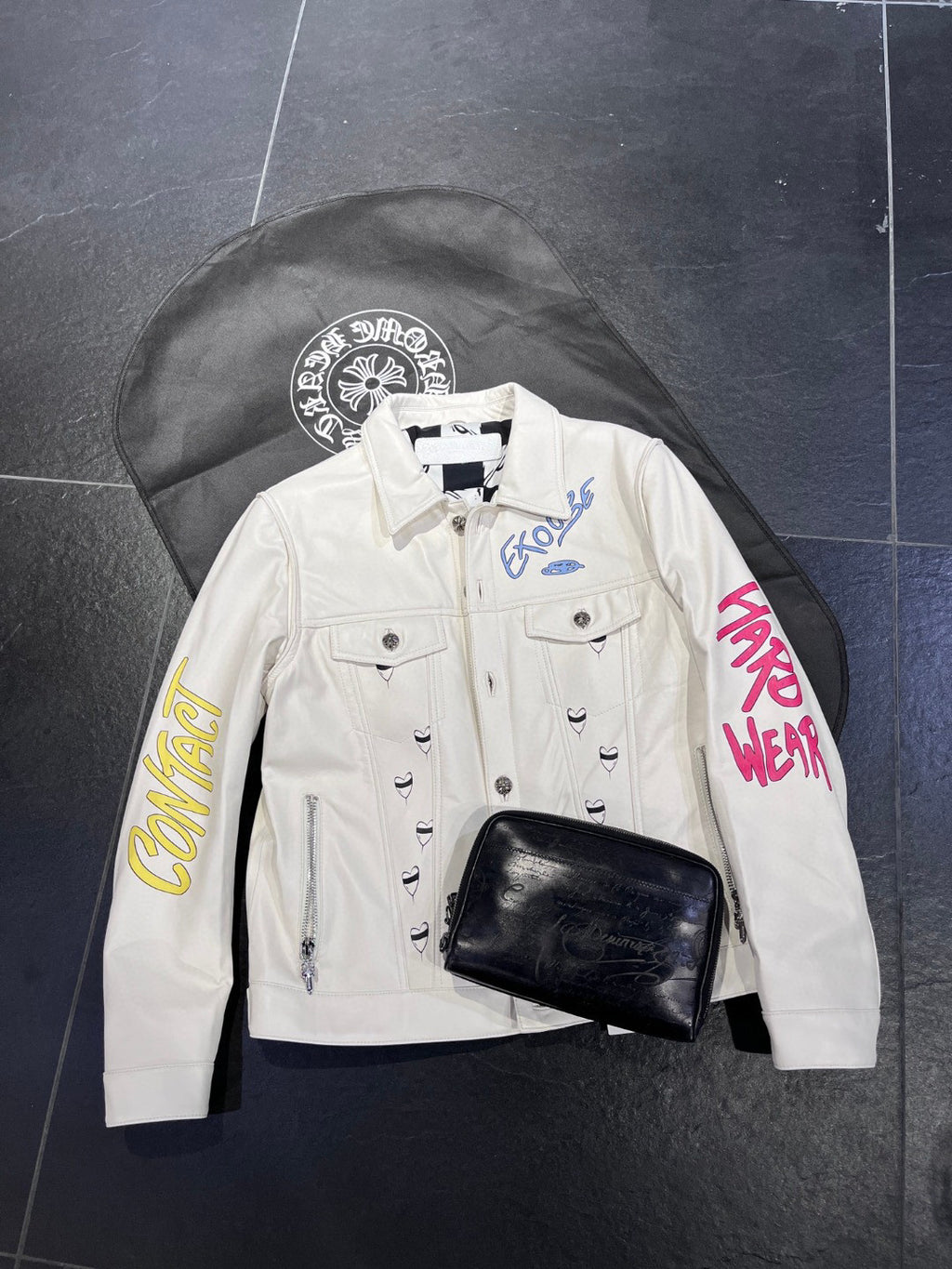Chrome Hearts Graffiti Leather Jacket With White Zip #96389