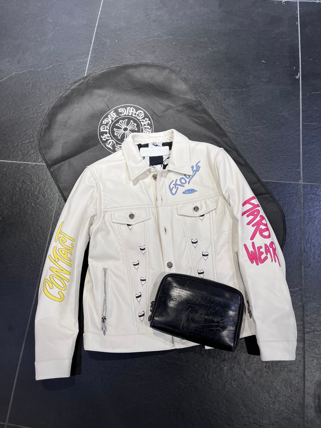 Chrome Hearts Graffiti Leather Jacket With White Zip #96389