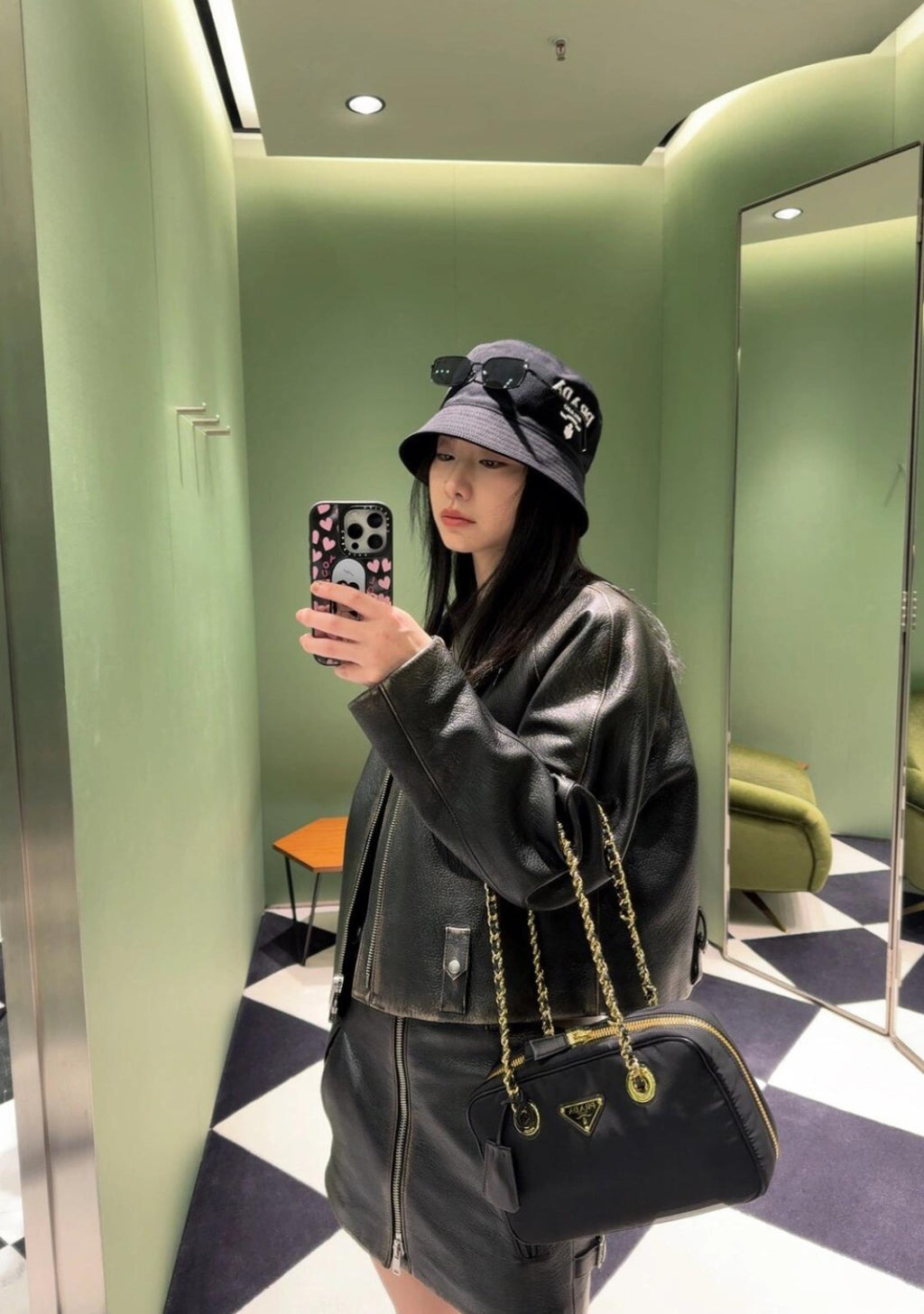 Prada Men's Women's Autumn and Winter Retro High Street Biker Style Leather Jacket Lapel Belt Zipper Jacket Coat  Ngvp #9157